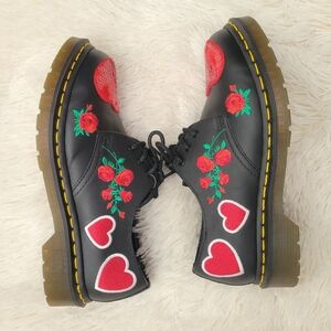 Dr. Martens 1461 Black Leather Oxford Shoes with Red Heart & Rose Embroidery
